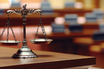 Balanced scales of justice on a wooden table, with a courtroom’s wooden benches visible in the background
