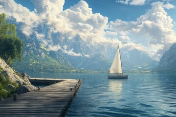 A serene landscape with a sailboat gliding across calm waters. Lush greenery and majestic mountains surround the scene. Perfect for travel and nature inspiration. Generative AI
