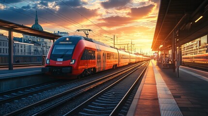 Obraz premium A vibrant red intercity passenger train stands on the platform of a train station in Vienna, Austria, bathed in the warm glow of sunset. The modern train, with its sleek design