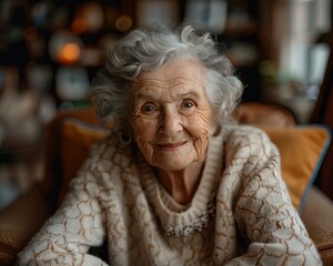 A smiling elderly woman looking at the camera. AI.
