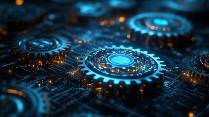 A teal-on-black abstract background featuring gears and cogs, illustrating digital technology and futuristic themes.