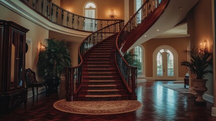Obraz premium Elegant staircase in a luxurious foyer with ornate details and warm lighting.