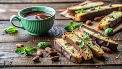 Mint chocolate biscotti served with a cup of espresso on a wooden table, accompanied by fresh mint leaves and coffee beans.