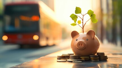 A piggy bank with a tree sprouting from coins, representing financial growth, with a blurred bus passing in the background. No logo, no people.