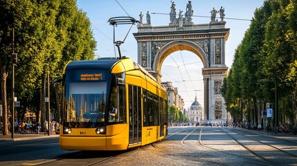 A yellow tram passes in front of the Peace Arch in Milan, Italy. 
