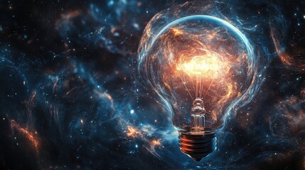 Lightbulb Embraced by Whirling Galaxies Symbolizing the Cosmic Genesis of Creative Concepts
