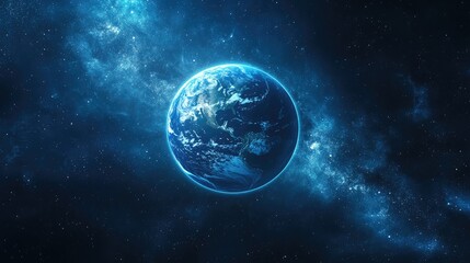 Obraz premium Blue planet Earth featuring oceans and continents set against a backdrop of a starry sky in the vastness of space