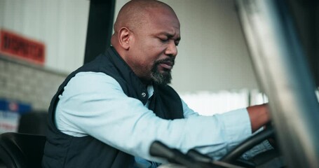 Radio, stress and logistics worker at warehouse for ecommerce distribution with cargo freight. Frustrated, upset and African supply chain operator in forklift with communication intercom at storage.