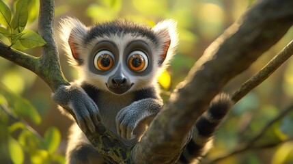 Obraz premium A cute animated lemur with large eyes sitting on a tree branch in a vibrant, natural setting.