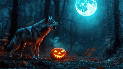 Fototapeta premium A wolf howls beside a glowing pumpkin, set against a dark forest backdrop with a full moon, creating a spooky Halloween vibe. No people, no logos.