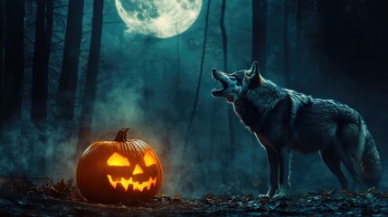 A wolf howls beside a glowing pumpkin, set against a dark forest backdrop with a full moon, creating a spooky Halloween vibe. No people, no logos.