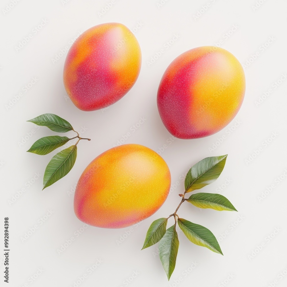 Canvas Prints Three vibrant mangoes with green leaves on a white background.