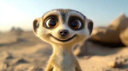 Fototapeta premium A cheerful meerkat with large eyes smiles in a desert landscape.