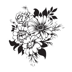 beautiful flower pattern illustration with leaves black and white vector tattoo style design high quality print and logo purpose