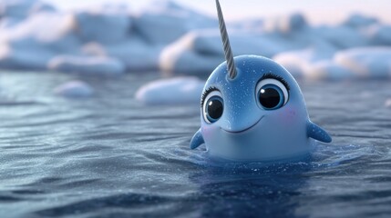 A cheerful animated narwhal swims in icy waters, showcasing a playful and friendly demeanor.