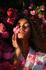 Obraz premium A serene portrait of a woman surrounded by vibrant pink flowers, capturing the essence of nature's beauty and tranquility.