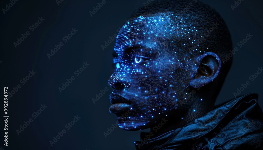 Wall mural A man's face is illuminated with blue lights, creating a futuristic effect. AI.