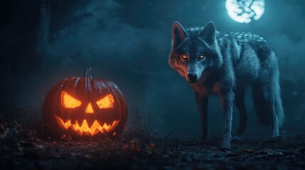 A wolf stands beside a glowing pumpkin on a foggy night, with the moon peeking through dark clouds for a spooky Halloween feel. No people, no logos.
