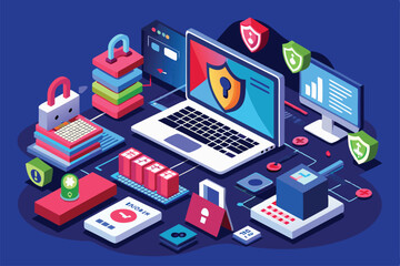 Fototapeta premium This illustration showcases ransomware themes with a laptop, security icons, and digital devices arranged creatively, Customizable isometric illustration of ransomware.
