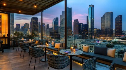 Rooftop view of a city skyline at dusk, featuring seating and ambient lighting.