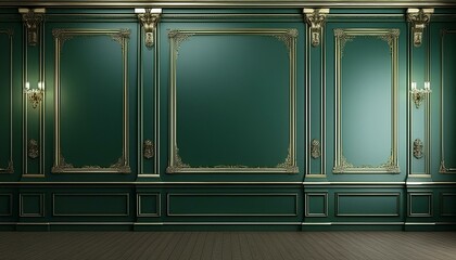 green empty room with classic wall panels frames. Studio mockup with dark modern luxury design. frame on the wall