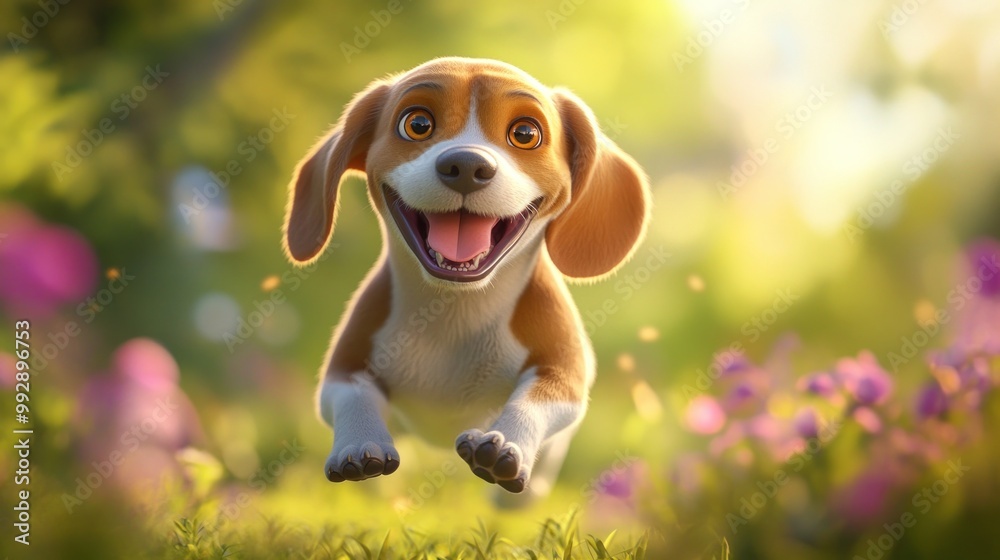 Sticker A cheerful cartoon dog joyfully running through a vibrant garden filled with flowers.