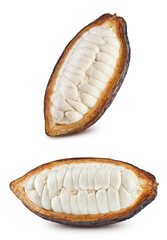 Cocoa half. Cocoa isolated clipping path. Cocoa pod, beans and isolated on a white