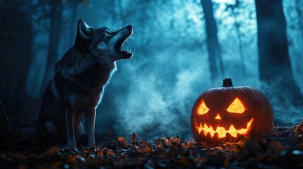Eerie Halloween atmosphere with a wolf howling next to a glowing pumpkin, surrounded by fog and dead leaves. No people, no logos.