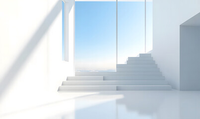 Fototapeta premium Modern Minimalist Interior with Large Windows and Staircase Design