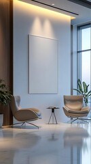 Modern Interior Illustration with Blank Canvas, Lounge Chairs, and City View