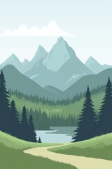 Fototapeta premium Serene landscape with mountains and a lake surrounded by dense evergreen trees on a clear day