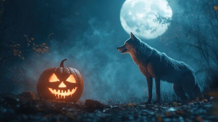 Halloween atmosphere with a howling wolf beside a glowing jack lantern, surrounded by mist and moonlit trees. No people, no logos.