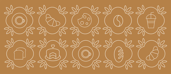 Abstract coffee modern line geometric pattern. Hand drawn illustration for Bakery and Coffee shop. Icons. Coffee bean, cup of coffee, dish, cookie and croissant. Abstract geometric line background. 
