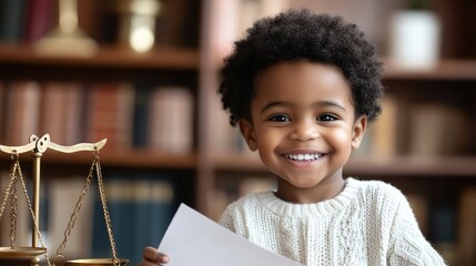 Cute dark skinned child smiling and holding court paper on table scales