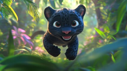A playful animated jaguar cub leaps through a vibrant jungle filled with lush greenery.