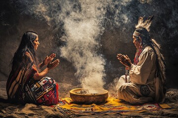 Fototapeta premium Artistic representation of peyotism rituals, featuring symbolic motifs and native elements that celebrate spiritual heritage in a strikingly detailed photograph.