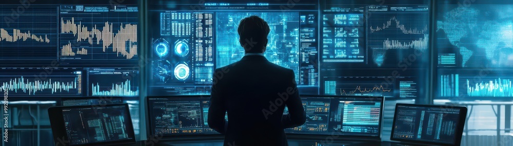 Poster a cybernetic trader interacting with multi-dimensional financial charts in a futuristic control room
