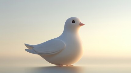 A stylized white bird stands against a soft, serene background.