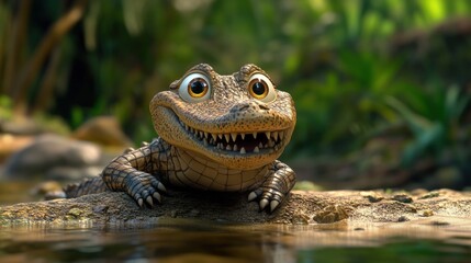 Obraz premium A cartoonish crocodile character with a wide smile, lounging by a water body in a lush environment.