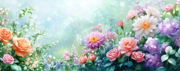 A vibrant floral landscape showcasing a variety of blooming flowers in soft colors, creating a serene and enchanting atmosphere.