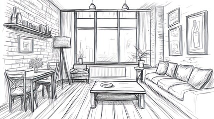 A sketched living room with furniture and large windows, emphasizing comfort and design.