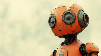 A toy steampunk mechanical robot, designed in a friendly style with orange and beige tones, offers a retro-futuristic technology poster template with space for text.