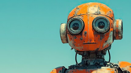 A toy steampunk mechanical robot, designed in a friendly style with orange and beige tones, offers a retro-futuristic technology poster template with space for text.