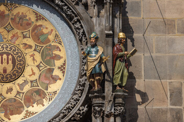 Prague astronomical clock (Prague Orloj) on facade of Town Hall in Town Square, Prague, Czech Republic