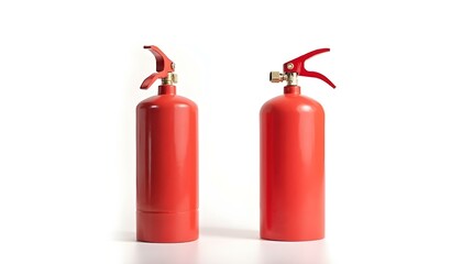 Obraz premium Two red gas tank fire extinguisher canisters isolated on a white background