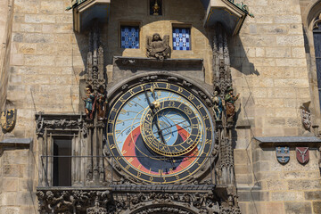 Prague astronomical clock (Prague Orloj) on facade of Town Hall in Town Square, Prague, Czech Republic