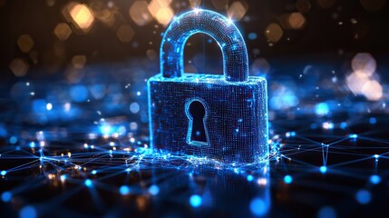 A transparent background features a blue padlock with connections, illustrating encrypted password protection in cybersecurity.