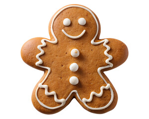 A cheerful gingerbread man cookie decorated with icing, showcasing a playful design and a delightful smile. Isolated on a white or transparent background.