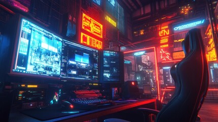 Fototapeta premium Futuristic workspace with multiple monitors and neon lighting.