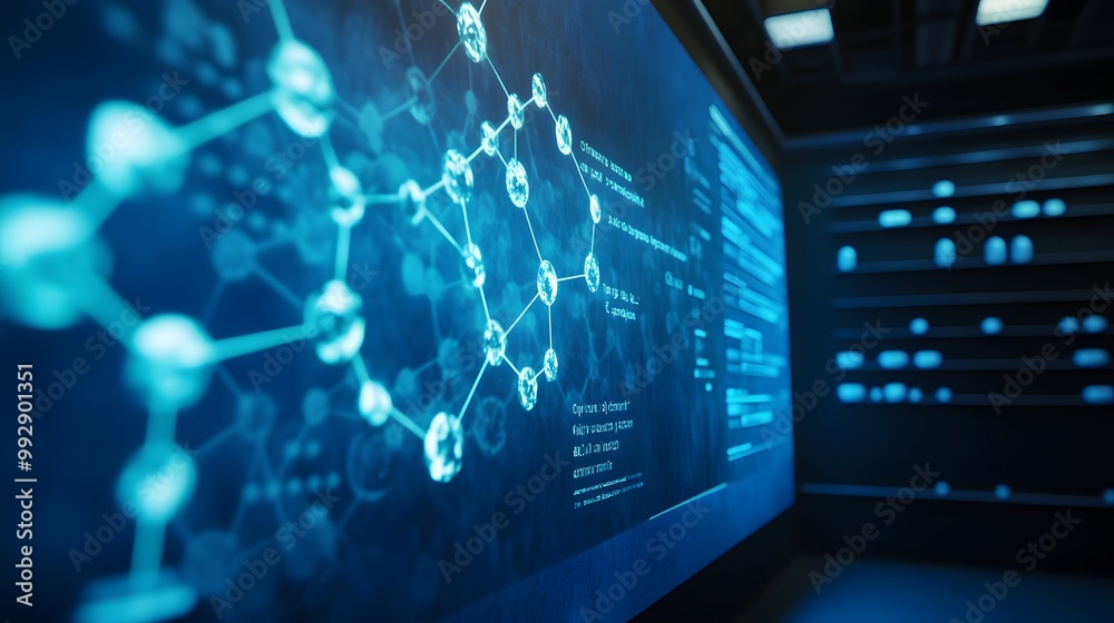 Poster futuristic digital interface displaying a network graph and data
